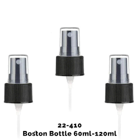 50x Spray Cap Amber Boston Bottle (for 120ml) - Black Plastic 22-410mm