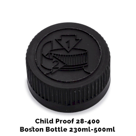 50x Cap for Amber Boston Bottle Child Resistant 28mm (for 230ml & 500ml) - Black Plastic