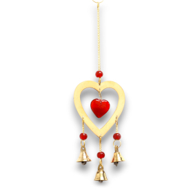 4x Indian Chimes - Brass With Ruby Glass Heart Beads - 3 Bells - 6.5x24cm