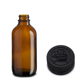 64x 120ml Amber Glass Boston Bottle with Child Resistant Black Plastic Cap