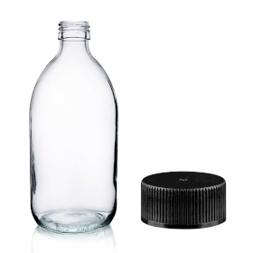 30x 500ml Clear Glass Medicine Bottle with Black Plastic Cap