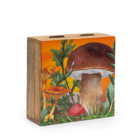 Medium Enamelled Square Box 13.5x13.5x6cm - Mushroom Design Maroon