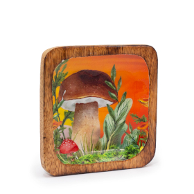 Big Enamelled Square Trinket Tray 15x15x2.5cm - Mushroom Design Maroon