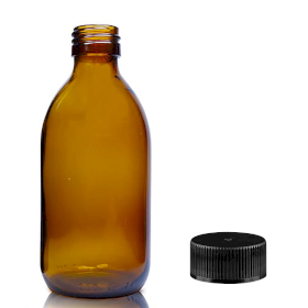 54x 250ml Amber Glass Medicine Bottle with Black Plastic Cap