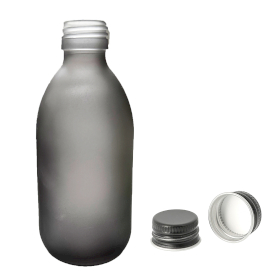 36x 300ml Grey Frosted Glass Medicine Bottle with Aluminium Black Cap