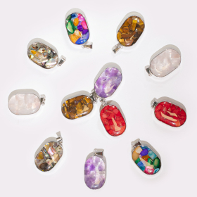 12x Steel Cased Pendant Ovals - 12 Assorted Gemstone Chips & Shells