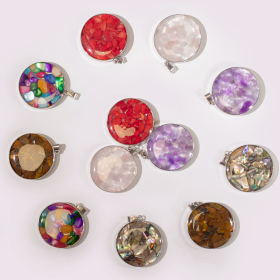 12x Steel Cased Pendant Round - 12 Assorted Gemstone Chips & Shells