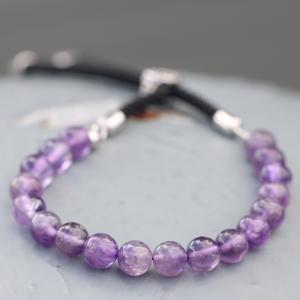 925 Silver Plated Gemstone Black String Bracelet - Amethyst